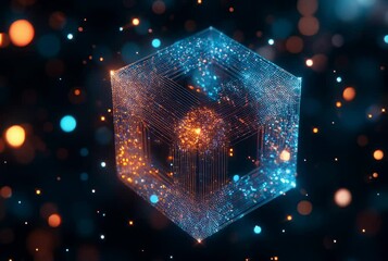 Wall Mural - illuminated 3d cube with sparkling particles: a futuristic abstract representation of connectivity a
