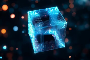 Wall Mural - futuristic abstract cube with glowing particles in blue and orange colors representing modern techno