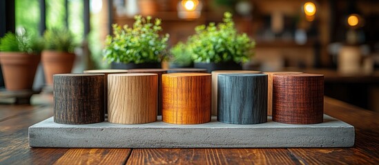 Wall Mural - Wooden cups arranged in a row on a stone tray with decorative plants in blurred background, Copy Space available