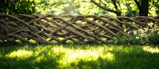 Canvas Print - Woven wooden fence with lush green grass and soft sunlight in a natural setting Copy Space