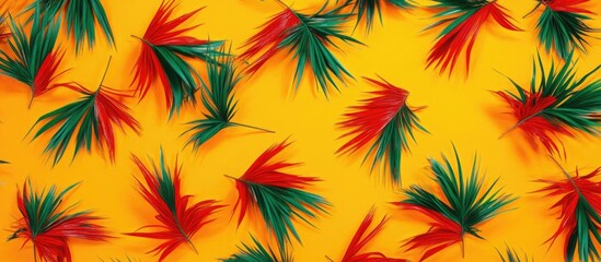 Canvas Print - Colorful tropical leaves pattern on a bright yellow background with Copy Space for text placement