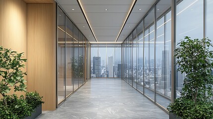 Canvas Print - Modern office hallway with city view, plants, ideal for corporate websites