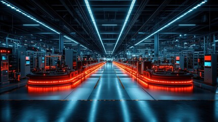 Wall Mural - Futuristic factory interior with glowing conveyor belts and high-tech machinery in operation