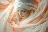 Sensual Ethereal Portrait of a Blonde Woman Draped in Flowing Beige Fabric Artfully Posing Against a Wall