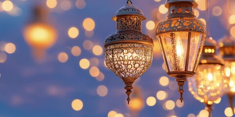 Canvas Print - beautifully crafted lanterns with intricate designs hanging against a backdrop of soft, warm bokeh l