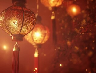 Wall Mural - elegant chinese lanterns illuminating a warm atmosphere with glowing sparks and rich textures for ce