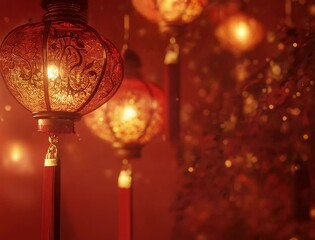 Wall Mural - elegant and radiant chinese lanterns illuminating a celebration in warm tones, enhancing festive atm