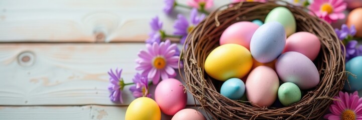 Wall Mural - Colorful Easter eggs nestled in woven basket with spring flowers. Easter, holiday, seasonal themes