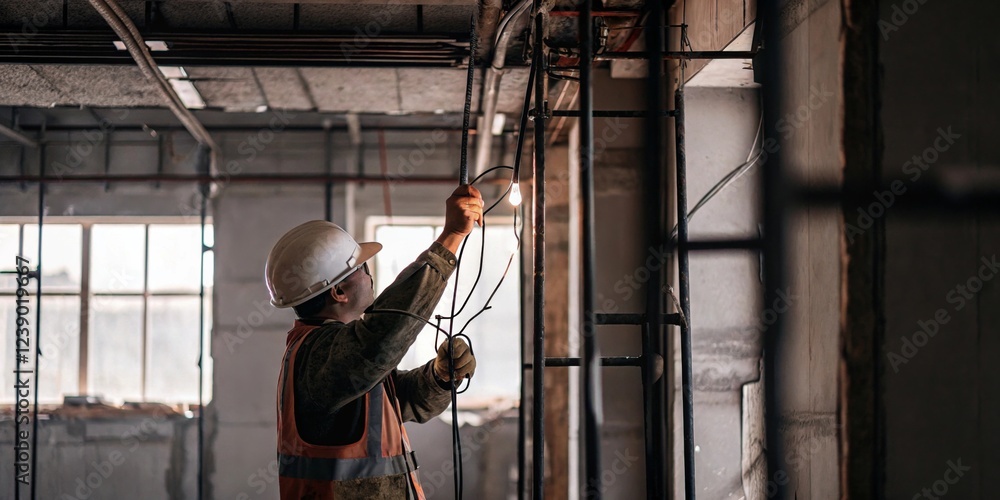 Worker installing electrical wiring in new building construction site ...