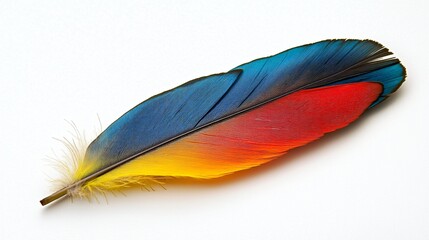 Wall Mural - Colorful parrot feather, white background, studio shot, nature texture