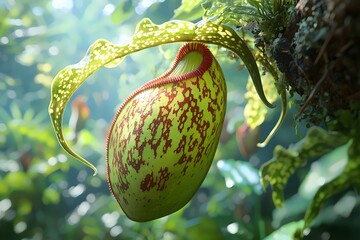 A vibrant green pitcher plant with red patterns, displaying its unique structure in a lush jungle setting. The play of light highlights its intricate details and textures.