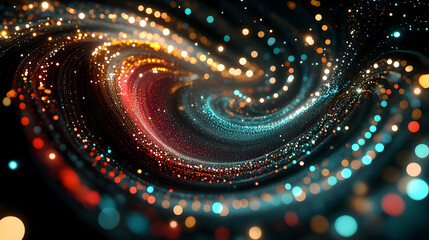 Wall Mural - a 3d abstract composition with glowing dots in red, teal, and gold, arranged in a swirling, dynamic 