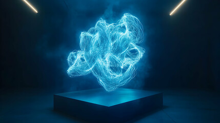 Wall Mural - a 3d abstract sculpture with twisting neon cyan wires floating in a void
