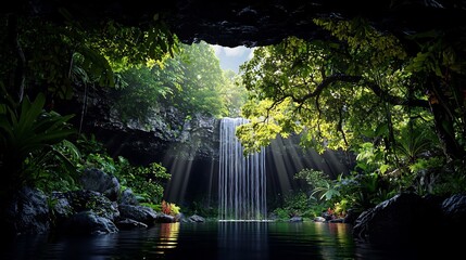 Wall Mural - Serene waterfall cascading into a tranquil pool surrounded by lush greenery in a cave