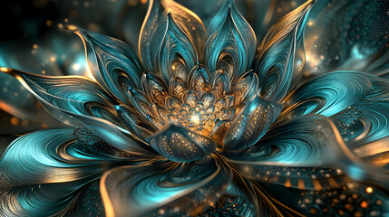 Wall Mural - a 3d fractal bloom in cyber teal and holographic bronze, intricate and futuristic