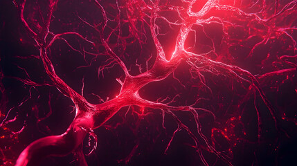 Wall Mural - a 3d neon arteries in crimson and abyss black, biological and digital