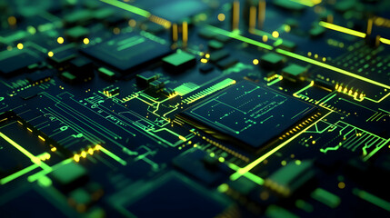 Wall Mural - a 3d neon circuit board in lime and void black, tech aesthetic