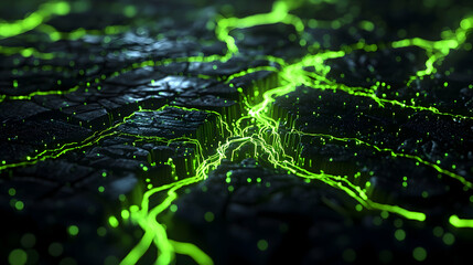 Wall Mural - a 3d neon circuit veins in volt green and cyber black, alive and pulsating
