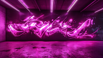 Wall Mural - a 3d neon graffiti in magenta and void black, urban and edgy