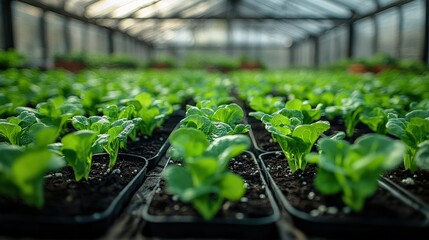 Wall Mural - Lush green seedlings thriving in a greenhouse, showcasing growth and cultivation techniques (1)