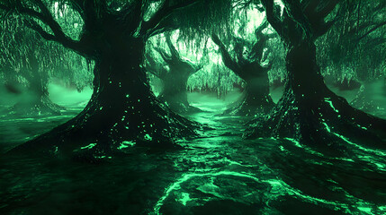 Wall Mural - a 3d neon mangrove in toxic green and tar black, surreal and glowing
