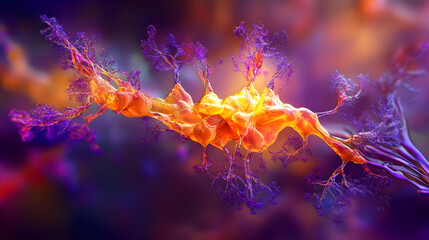 Wall Mural - a 3d neon neuron in electric citrine and neural violet, biological and digital