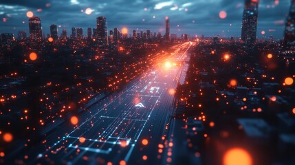 Poster - Cyberpunk Cityscape: Illuminated Highway at Night, a Futuristic Digital Metropolis