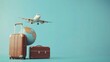 © Sirinya - A 3D concept showcasing travel essentials like a suitcase and globe with an airplane, embodying wanderlust.