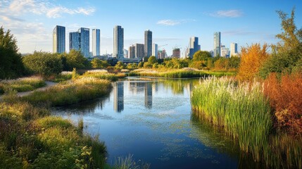 Wall Mural - A balance of nature and city life at Limmo Peninsula Ecological Park, where wetlands meet the urban skyline of London, UK.