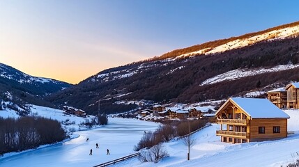 Wall Mural - Serene winter landscape featuring cozy wooden chalets near a frozen lake at sunset