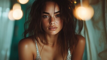 a stunning portrait of a young woman with soft lighting and warm ambiance, capturing her natural bea