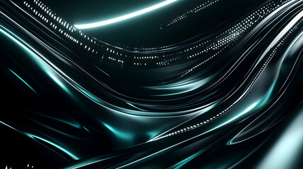 Wall Mural - A futuristic abstract background with deep black and emerald tones, featuring fluid metallic waves and glowing neon streaks that create a sense of motion