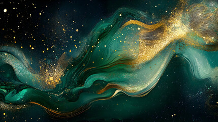 Wall Mural - A surreal abstract composition with liquid-like green and gold textures, overlaid with holographic mesh elements and a cosmic dust glow