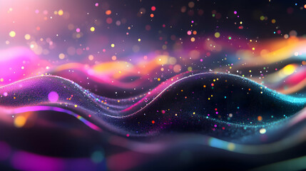 Wall Mural - A vibrant 3D abstract design with a dark gray backdrop, featuring a dynamic light gradient and colorful, floating particles
