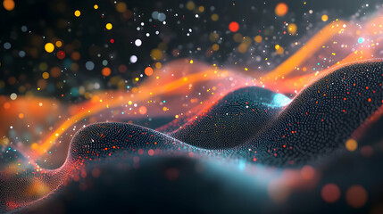Wall Mural - A vibrant 3D abstract design with a dark gray backdrop, featuring a dynamic light gradient and colorful, floating particles