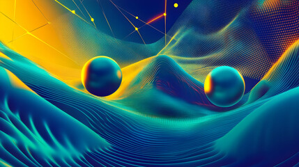 Wall Mural - A vibrant gradient blend of petrol blue, lime, and yellow with intricate geometric mesh patterns, enhanced by soft glowing orbs for a sci-fi aesthetic
