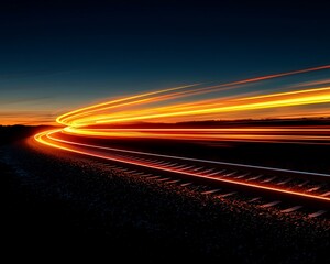 Canvas Print - Train speeding at sunset, tracks curving, rural background. Use travel, transport