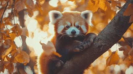 Red panda in autumn tree, sunlit leaves.  Wildlife nature photography for websites, blogs