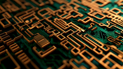 Wall Mural - abstract circuit lines in copper and emerald, tech-inspired and intricate