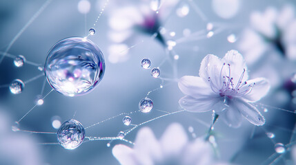 delicate cherry blossoms with dewdrops and intricate webbing, dreamy macro photography