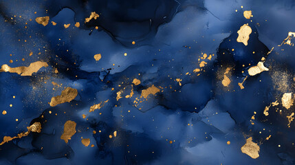 Wall Mural - Abstract ink blots in midnight blue and gold leaf, opulent and random