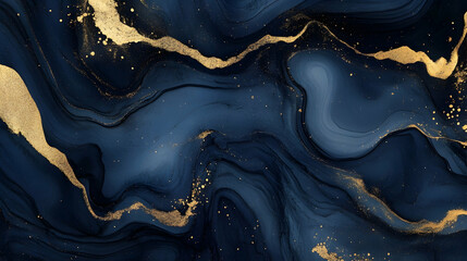 Wall Mural - abstract ink swirls in midnight navy and gold leaf, opulent and flowing