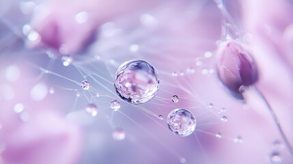 delicate cherry blossoms with dewdrops and intricate webbing, dreamy macro photography