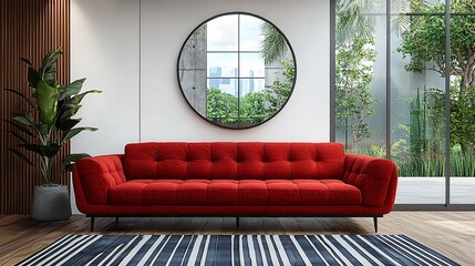 Canvas Print - Red sofa in modern living room, city view