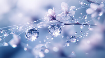 delicate cherry blossoms with dewdrops and intricate webbing, dreamy macro photography