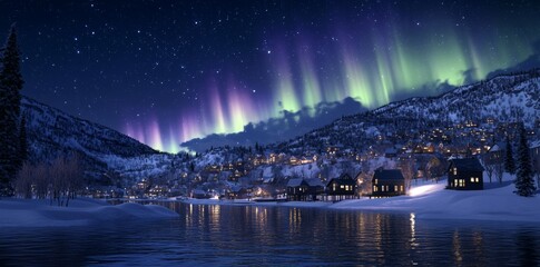 Sticker - In the shadow of snow-capped mountains, a Winter Village glows under the northern lights