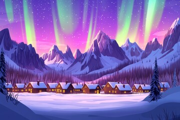 Sticker - A mountain village blanketed in snow, with the Northern Lights glowing above