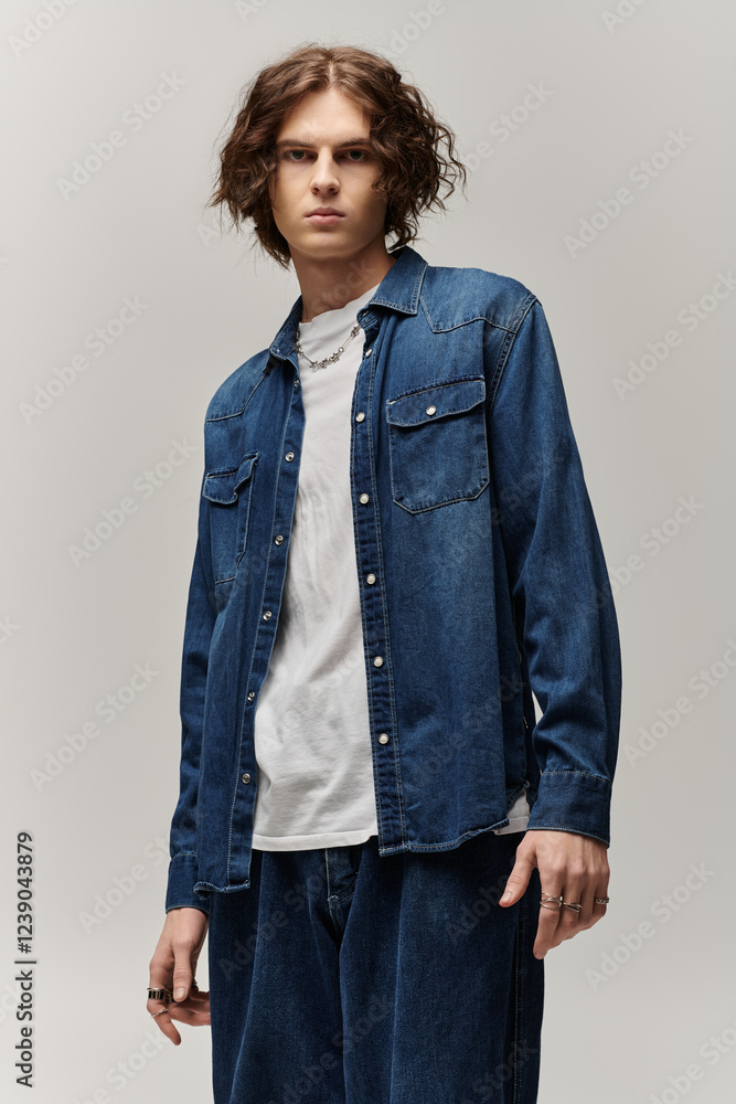 Handsome young man poses confidently in casual denim attire with a ...