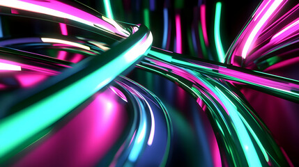 Wall Mural - Glowing 3D neon lines in green, electric blue, and magenta intersect to create a futuristic, high-energy abstract composition