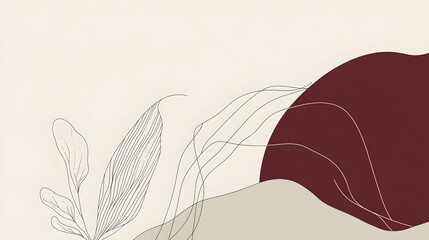 Wall Mural - minimalist line art in burgundy and ivory, clean and sophisticated